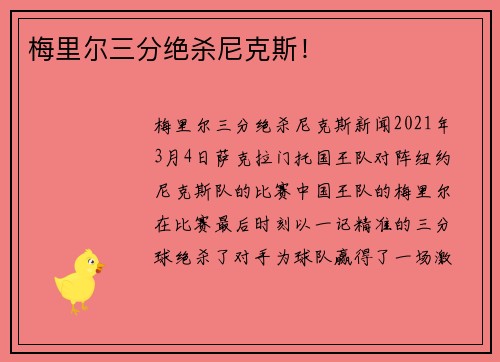 梅里尔三分绝杀尼克斯！